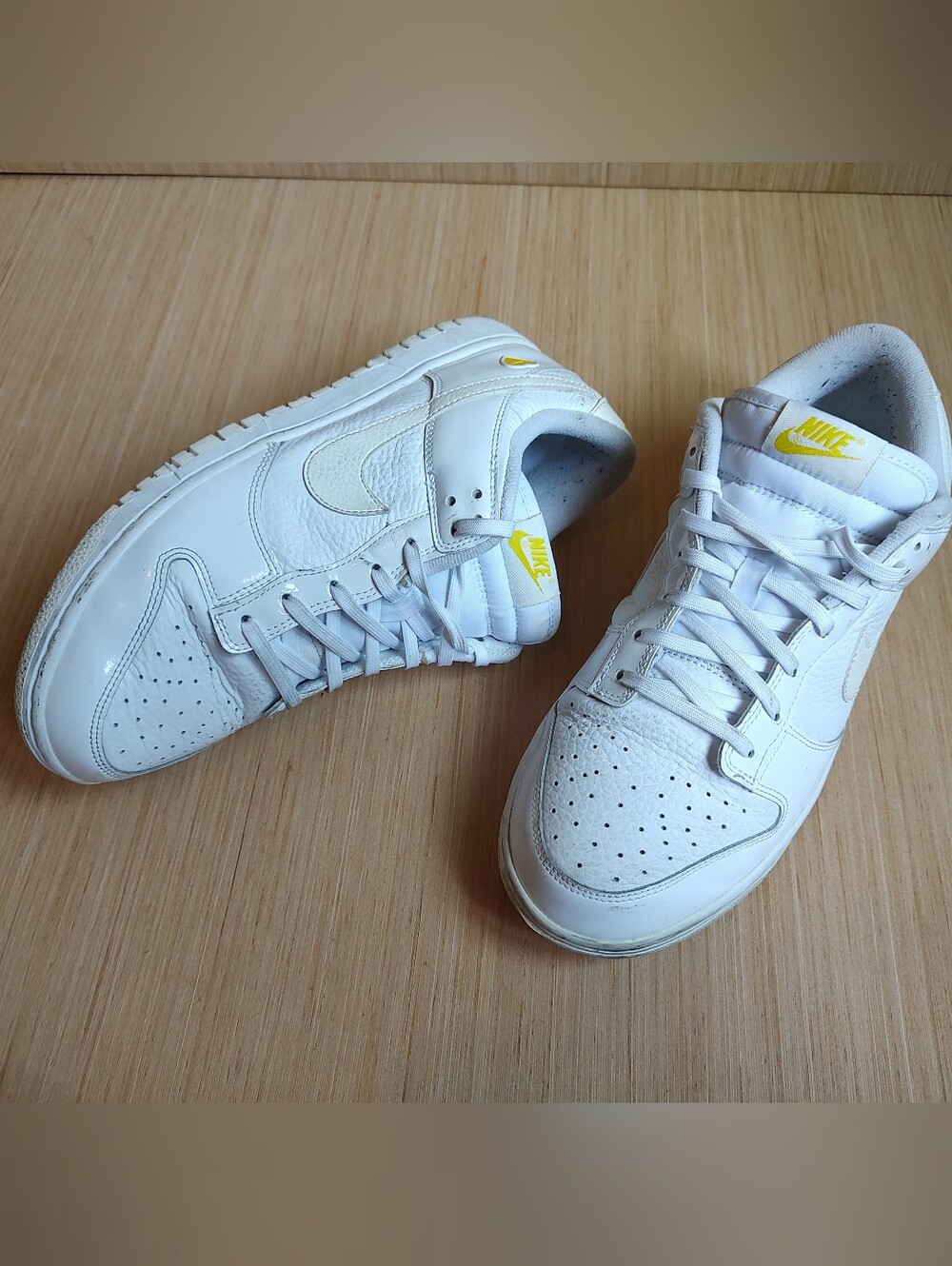 Nike Dunk Low Yellow Heart Sneakers Leather Patent Lace Up White Women Size 10